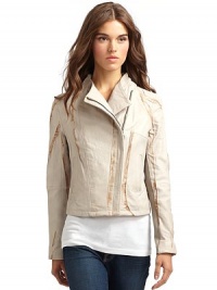THE LOOKTextured bamboo print on supple lambskinConcealed asymmetrical zip frontFront welt pocketsLong sleeves with rib-knit insetsSeam details for added shapeTHE FITAbout 20 from shoulder to hemTHE MATERIALLambskinFully linedCARE & ORIGINDry clean by leather specialistImportedModel shown is 5'10 (177cm) wearing US size Small. THE LOOKTextured bamboo print on supple lambskinConcealed asymmetrical zip frontFront welt pocketsLong sleeves with rib-knit insetsSeam details for added shapeTHE FITAbout 20 from shoulder to hemTHE MATERIALLambskinFully linedCARE & ORIGINDry clean by leather specialistImportedModel shown is 5'10 (177cm) wearing US size Small.