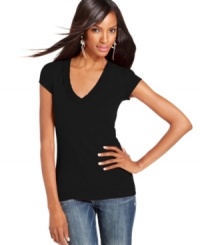 A basic that's anything but boring: the voile trim adds a delicate touch to INC's essential V-neck tee! A basic that's anything but boring: the voile trim adds a delicate touch to INC's essential V-neck tee!