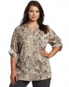 Calvin Klein Women's Plus-Size Printed Crew Roll Sleeve, Birch Combo, 0X