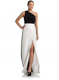 THE LOOKOne-shoulder styleColorblock constructionInverted pleat with front slit in hemExposed side zip closureTHE FITAbout 58 from shoulder to hemTHE MATERIALSilkCARE & ORIGINDry cleanImportedModel shown is 5'11 (180cm) wearing US size 4. THE LOOKOne-shoulder styleColorblock constructionInverted pleat with front slit in hemExposed side zip closureTHE FITAbout 58 from shoulder to hemTHE MATERIALSilkCARE & ORIGINDry cleanImportedModel shown is 5'11 (180cm) wearing US size 4.