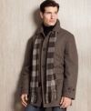 Set yourself up with instant style and cool-weather comfort in this wool-blend coat and scarf from London Fog.