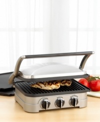 A versatile cooking aid that lets you grill to goodness and press to impress. In brushed stainless steel with embossed logo, the Cuisinart griddler features removable nonstick contact grill, open grill and griddle plates, along with a panini press, all designed to drain grease for healthy cooking. Limited three-year warranty. Model GR4. A versatile cooking aid that lets you grill to goodness and press to impress. In brushed stainless steel with embossed logo, the Cuisinart griddler features removable nonstick contact grill, open grill and griddle plates, along with a panini press, all designed to drain grease for healthy cooking. Limited three-year warranty. Model GR4.