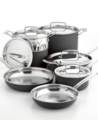 Rather than piecing together a cookware set, enjoy consistent performance with this all-inclusive collection. The hard anodized exterior and stainless steel interior provide superior heat distribution, while a multilayer system bonds everything together for optimal results. Best of all, it's dishwasher safe! Limited lifetime warranty. Rather than piecing together a cookware set, enjoy consistent performance with this all-inclusive collection. The hard anodized exterior and stainless steel interior provide superior heat distribution, while a multilayer system bonds everything together for optimal results. Best of all, it's dishwasher safe! Limited lifetime warranty.