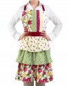 Show your flair for food and fashion with the Rose Kiss apron. Tiny buds and luscious blooms are layered with bright geometrics in this fabulously ruffled design, all in a fuss-free, machine washable fabric.