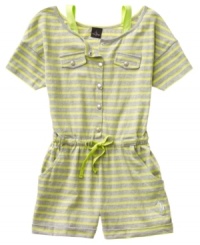 All-around no-fuss fun. This colorful and cute romper from Baby Phat is perfect for when she needs to dress up and hit the road. All-around no-fuss fun. This colorful and cute romper from Baby Phat is perfect for when she needs to dress up and hit the road.