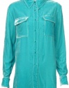 Sutton Studio Womens Velvet Safari Big Shirt Blouse Misses (Large, Aqua Sea)