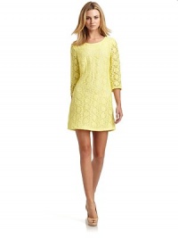 THE LOOKFloral embroidered lace overlayScoop necklineBust dartsThree-quarter length sleevesBack zipper with hook-and-eye closureContrast underlayTHE FITAbout 32 from shoulder to hemTHE MATERIALPolyesterFully linedCARE & ORIGINDry cleanImportedModel shown is 5'9½ (176cm) wearing US size Small. THE LOOKFloral embroidered lace overlayScoop necklineBust dartsThree-quarter length sleevesBack zipper with hook-and-eye closureContrast underlayTHE FITAbout 32 from shoulder to hemTHE MATERIALPolyesterFully linedCARE & ORIGINDry cleanImportedModel shown is 5'9½ (176cm) wearing US size Small.