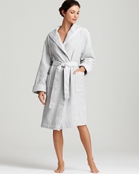 Relax in luxury! Hooded waffle robe with piqué trim on front facing, cuffs and belt. Relax in luxury! Hooded waffle robe with piqué trim on front facing, cuffs and belt.