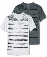 A graphic print changes your basic henley from boring to bold. Marc Ecko Cut & Sew adds energy to a classic. A graphic print changes your basic henley from boring to bold. Marc Ecko Cut & Sew adds energy to a classic.