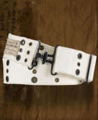 A once preppy essential gets a rugged update in this nautical-inspired belt, finished with metal grommets and timeworn metal hardware for an edgy twist. A once preppy essential gets a rugged update in this nautical-inspired belt, finished with metal grommets and timeworn metal hardware for an edgy twist.