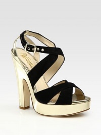 Adjustable suede straps enhanced by a glimmering metallic leather heel and platform. Metallic leather heel, 5 (125mm)Covered platform, 1 (25mm)Compares to a 4 heel (100mm)Suede and metallic leather upperLeather lining and solePadded insoleMade in Italy Adjustable suede straps enhanced by a glimmering metallic leather heel and platform. Metallic leather heel, 5 (125mm)Covered platform, 1 (25mm)Compares to a 4 heel (100mm)Suede and metallic leather upperLeather lining and solePadded insoleMade in Italy