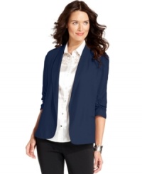 NY Collection's blazer combines sleek and casual-cool details, mixing ruched sleeves and open-front style.