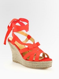Vibrant linen lace-up design with an espadrille wedge and dainty bow adornment. Hemp wedge, 4 (100mm)Hemp platform, 1 (25mm)Compares to a 3 heel (75mm)Linen upperLeather liningBuffed leather solePadded insoleMade in Spain Vibrant linen lace-up design with an espadrille wedge and dainty bow adornment. Hemp wedge, 4 (100mm)Hemp platform, 1 (25mm)Compares to a 3 heel (75mm)Linen upperLeather liningBuffed leather solePadded insoleMade in Spain