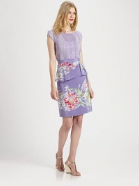 Beachy florals highlight woven silk in this sleek sheath styled with an elegantly-gathered peplum.High waistFlared & gathered peplumStraight-line silhouetteCenter back zipperAbout 23 longSilkDry cleanMade in USA of imported fabricModel shown is 5'10 (177cm) wearing US size 4. Beachy florals highlight woven silk in this sleek sheath styled with an elegantly-gathered peplum.High waistFlared & gathered peplumStraight-line silhouetteCenter back zipperAbout 23 longSilkDry cleanMade in USA of imported fabricModel shown is 5'10 (177cm) wearing US size 4.