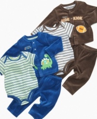 Suit him up in comfort and cuteness with one of these adorably fun bodysuit, jacket and pant 3-piece sets from First Impressions. Suit him up in comfort and cuteness with one of these adorably fun bodysuit, jacket and pant 3-piece sets from First Impressions.
