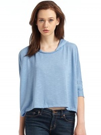 THE LOOKHooded styleDolman ¾ sleevesSlouchy fitCropped styleTHE FITAbout 19 from shoulder to longest point of hemTHE MATERIAL64% polyester/33% rayon/3% spandexCARE & ORIGINMachine washMade in USA THE LOOKHooded styleDolman ¾ sleevesSlouchy fitCropped styleTHE FITAbout 19 from shoulder to longest point of hemTHE MATERIAL64% polyester/33% rayon/3% spandexCARE & ORIGINMachine washMade in USA