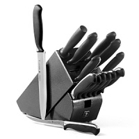 Molded handle has a brushed stainless steel finish and a comfortable grip. Hand-honed edge for precision cutting. Set includes: 2 3/4 parer, 5 utility, 5 1/2 boning, 6 utility, 8 bread, 8 carver, 8 chef's, six 4 1/2 steak knives, sharpening steel and block. Molded handle has a brushed stainless steel finish and a comfortable grip. Hand-honed edge for precision cutting. Set includes: 2 3/4 parer, 5 utility, 5 1/2 boning, 6 utility, 8 bread, 8 carver, 8 chef's, six 4 1/2 steak knives, sharpening steel and block.