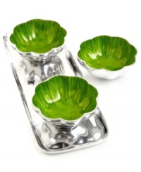 More than conversation blossoms around your table with handcrafted Lemongrass Lotus nut bowls from Simply Designz. Polished aluminum lined in glossy enamel lends fresh color and shine to any dining area. With tray. More than conversation blossoms around your table with handcrafted Lemongrass Lotus nut bowls from Simply Designz. Polished aluminum lined in glossy enamel lends fresh color and shine to any dining area. With tray.