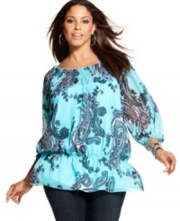 A cinched waist lends a flattering shape to INC's three-quarter sleeve plus size peasant top-- dress it down with denim or up with trousers! A cinched waist lends a flattering shape to INC's three-quarter sleeve plus size peasant top-- dress it down with denim or up with trousers!
