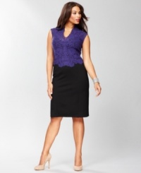 INC's plus size sheath looks elegant but still features a sexy vibe with its sheer lace top -- an alluring combination if ever there was one! INC's plus size sheath looks elegant but still features a sexy vibe with its sheer lace top -- an alluring combination if ever there was one!