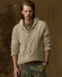 A wool-blend cardigan makes a cool, casual statement with a hint of slouch and a chunky cable-knit pattern. A wool-blend cardigan makes a cool, casual statement with a hint of slouch and a chunky cable-knit pattern.