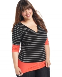 Link up your jeans with ING's plus size layered look top, featuring on-trend stripes! Link up your jeans with ING's plus size layered look top, featuring on-trend stripes!