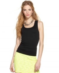 A seamless tank top from Bar III Front Row adds instant edge to this season's ladylike pieces. A seamless tank top from Bar III Front Row adds instant edge to this season's ladylike pieces.