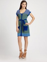 Colorblock stripes and ruffled trim add a dash of whit and whimsy to this effortless button-down knit.ScoopneckDropped shouldersShort sleeves with ruffled trimButton-down frontSelf-beltPatch pockets with ruffled trimAbout 20 from natural waist77% linen/9% polyamide/9% cotton/5% acrylicDry cleanImportedModel shown is 5'8½ (174cm) wearing US size Small. Colorblock stripes and ruffled trim add a dash of whit and whimsy to this effortless button-down knit.ScoopneckDropped shouldersShort sleeves with ruffled trimButton-down frontSelf-beltPatch pockets with ruffled trimAbout 20 from natural waist77% linen/9% polyamide/9% cotton/5% acrylicDry cleanImportedModel shown is 5'8½ (174cm) wearing US size Small.