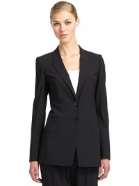 THE LOOKPadded shouldersNotched lapelButton closuresLong sleeves with button cuffsDual welt pocketsVented back hemTHE FITAbout 27 from shoulder to hemTHE MATERIAL96% virgin wool/4% elastaneCARE & ORIGINDry cleanImportedModel shown is 5'10 (177cm) wearing US size 4. THE LOOKPadded shouldersNotched lapelButton closuresLong sleeves with button cuffsDual welt pocketsVented back hemTHE FITAbout 27 from shoulder to hemTHE MATERIAL96% virgin wool/4% elastaneCARE & ORIGINDry cleanImportedModel shown is 5'10 (177cm) wearing US size 4.