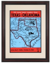 Even wins are bigger in Texas, with the Longhorns beating out the Oklahama Sooners 9-6 back in 1962. Keep the game-day spirit alive with this restored and beautifully framed cover art from the Cotton Bowl. Even wins are bigger in Texas, with the Longhorns beating out the Oklahama Sooners 9-6 back in 1962. Keep the game-day spirit alive with this restored and beautifully framed cover art from the Cotton Bowl.