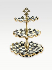 A beautifully handcrafted, tiered ceramic stand in a checkerboard juxtaposition of ivory and onyx with gold luster. The perfect addition to a buffet or party is fired three times for added strength to last a lifetime. Hand-painted and -glazed 15 high Fluted plates, 7½, 9, 11 diam. Hand wash Made in USA A beautifully handcrafted, tiered ceramic stand in a checkerboard juxtaposition of ivory and onyx with gold luster. The perfect addition to a buffet or party is fired three times for added strength to last a lifetime. Hand-painted and -glazed 15 high Fluted plates, 7½, 9, 11 diam. Hand wash Made in USA