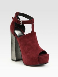Suede mule updated by an adjustable t-strap, bold platform and a metallic lurex heel. Metallic lurex-covered heel, 5½ (140mm)Covered platform, 1½ (40mm)Compares to a 4 heel (100mm)Suede upperLeather liningLeather and rubber solePadded insoleImportedOUR FIT MODEL RECOMMENDS ordering one half size up as this style runs small. Suede mule updated by an adjustable t-strap, bold platform and a metallic lurex heel. Metallic lurex-covered heel, 5½ (140mm)Covered platform, 1½ (40mm)Compares to a 4 heel (100mm)Suede upperLeather liningLeather and rubber solePadded insoleImportedOUR FIT MODEL RECOMMENDS ordering one half size up as this style runs small.
