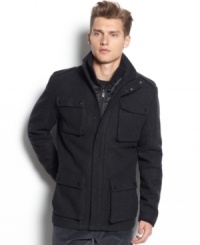 For the fashion forward is this updated style field jacket with 4 classic large front pockets by Calvin Klein. For the fashion forward is this updated style field jacket with 4 classic large front pockets by Calvin Klein.