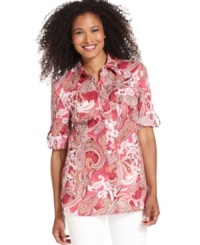 A classic paisley print brings Karen Scott's shirt to life. Pair it with white jeans for summer and khakis for fall! A classic paisley print brings Karen Scott's shirt to life. Pair it with white jeans for summer and khakis for fall!