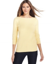 Mini cable-knit adds texture to Karen Scott's pretty sweater. Pair it with anything from jeans to skirts for a classic ensemble. Mini cable-knit adds texture to Karen Scott's pretty sweater. Pair it with anything from jeans to skirts for a classic ensemble.