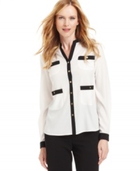 Black and white colorblocking adds a sophisticated touch to Kasper's classic blouse. Equally chic with your skirt suit as it is with weekend wear. Black and white colorblocking adds a sophisticated touch to Kasper's classic blouse. Equally chic with your skirt suit as it is with weekend wear.