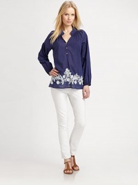 A stunning embroidered hem adds must-have charm to this simply chic cotton top with a relaxed fit.Split neckLong sleevesButton placketContrast embroidery at hemSmocked and pleat details at backAbout 25 from shoulder to hemCottonMachine washImported Model shown is 5'10 (177cm) wearing US size Small. A stunning embroidered hem adds must-have charm to this simply chic cotton top with a relaxed fit.Split neckLong sleevesButton placketContrast embroidery at hemSmocked and pleat details at backAbout 25 from shoulder to hemCottonMachine washImported Model shown is 5'10 (177cm) wearing US size Small.