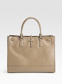 Butter-smooth culatta leather in a top handle tote, perfectly sized for all your essentials.Double top handle, 6 dropFlap strap over top zip closureOne outside zip pocketProtective metal feetOne inside zip pocketTwo inside open pocketsFully lined15¼W X 11H X 5¼DMade in Italy Butter-smooth culatta leather in a top handle tote, perfectly sized for all your essentials.Double top handle, 6 dropFlap strap over top zip closureOne outside zip pocketProtective metal feetOne inside zip pocketTwo inside open pocketsFully lined15¼W X 11H X 5¼DMade in Italy