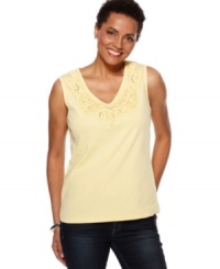 Karen Scott makes a casual tank top a bit whimsical with sequin appliques at the neckline. Pair it with dark jeans for a crisp ensemble! Karen Scott makes a casual tank top a bit whimsical with sequin appliques at the neckline. Pair it with dark jeans for a crisp ensemble!