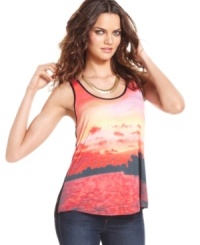 A graphic sunset print makes a splash across this Kensie tank -- perfect for relaxed summer style! A graphic sunset print makes a splash across this Kensie tank -- perfect for relaxed summer style!