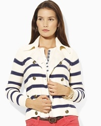 Crafted in soft combed cotton, the Kievy cardigan is rendered in a chic double-breasted silhouette with anchor-embossed buttons for a nautical element. Crafted in soft combed cotton, the Kievy cardigan is rendered in a chic double-breasted silhouette with anchor-embossed buttons for a nautical element.