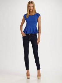 Sleek and fitted with a flirty peplum and exposed back zipper.Round neckCap sleevesSet-in waistAbout 21 from shoulder to hemRayonDry cleanImportedModel shown is 5'10½ (179cm) wearing US size Small. Sleek and fitted with a flirty peplum and exposed back zipper.Round neckCap sleevesSet-in waistAbout 21 from shoulder to hemRayonDry cleanImportedModel shown is 5'10½ (179cm) wearing US size Small.