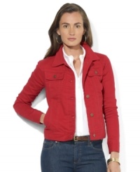 Constructed in bold-hued denim with a hint of stretch, Lauren Jeans Co.'s denim jacket is a flattering, modern take on a classic jean jacket. Constructed in bold-hued denim with a hint of stretch, Lauren Jeans Co.'s denim jacket is a flattering, modern take on a classic jean jacket.