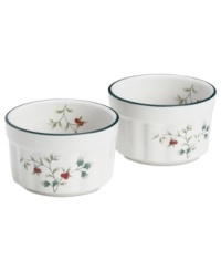 A classic holly print, fluted finish and tree-green banding make Pfaltzgraff Winterberry ramekins a festive addition to holiday tables. A classic holly print, fluted finish and tree-green banding make Pfaltzgraff Winterberry ramekins a festive addition to holiday tables.