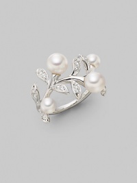 From the Olive Collection. A delicate bough of 18k gold, with diamond leaves and white Akoya pearl olives. 4.5mm-6.25mm white round cultured pearls Quality: A+ Diamonds, 0.21 tcw 18k white gold Imported