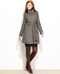 A knit collar lends cozy charm to elegant tweed in this stylish coat from Calvin Klein. A knit collar lends cozy charm to elegant tweed in this stylish coat from Calvin Klein.