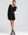 Flattering ruching at the front of this Rebecca Taylor dress lends chic detail to the LBD-downtown-oriented with a studded belt for a dose of cool-girl attitude.