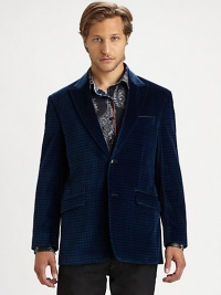 A dapper rendition of a classic blazer is tailored in hounds tooth-printed velvet, with rich rope piping along the front pockets and a right side ticket pocket for heritage-inspired elegance.Button-frontNotch lapelChest welt, waist flap pocketsRear ventCottonDry cleanImported A dapper rendition of a classic blazer is tailored in hounds tooth-printed velvet, with rich rope piping along the front pockets and a right side ticket pocket for heritage-inspired elegance.Button-frontNotch lapelChest welt, waist flap pocketsRear ventCottonDry cleanImported