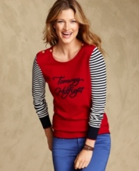 Greet sweater weather with Tommy Hilfiger's cute striped and solid number - complete with a chic script logo. Greet sweater weather with Tommy Hilfiger's cute striped and solid number - complete with a chic script logo.