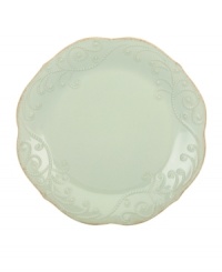 With fanciful beading and a feminine edge, Lenox French Perle dinner plates have an irresistibly old-fashioned sensibility. Hardwearing stoneware is dishwasher safe and, in an ethereal ice-blue hue with antiqued trim, a graceful addition to every meal. With fanciful beading and a feminine edge, Lenox French Perle dinner plates have an irresistibly old-fashioned sensibility. Hardwearing stoneware is dishwasher safe and, in an ethereal ice-blue hue with antiqued trim, a graceful addition to every meal.